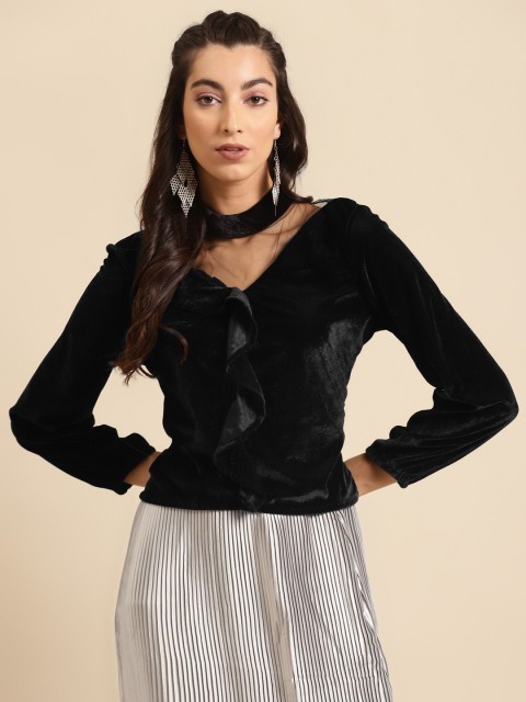 

DODO & MOA Black Solid Velvet Finish Regular Top