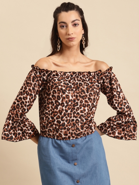 

DODO & MOA Beige & Black Animal Printed Off-Shoulder Bell Sleeves Crepe Bardot Top