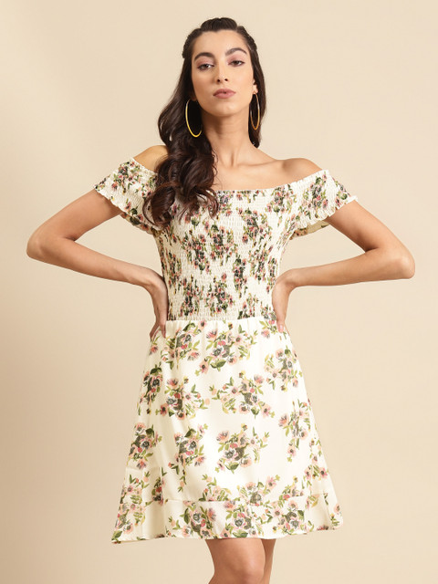 

DODO & MOA Women Cream-Coloured & Green Printed Smocked A-Line Dress