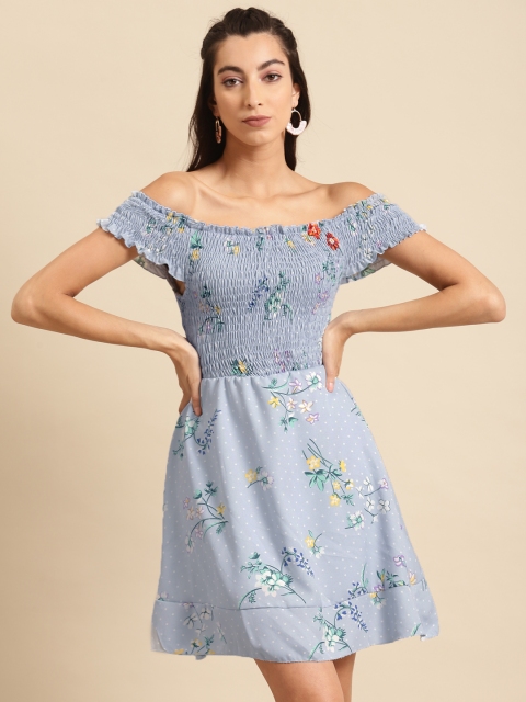 

DODO & MOA Women Blue Printed Smocking A-Line Dress