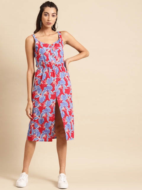 

DODO & MOA Women Red Printed Front Slit A-Line Dress