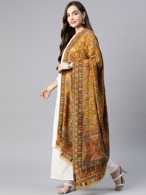 

Pashtush Women Yellow & Green Pure Wool Woven Design Kaani Shawl