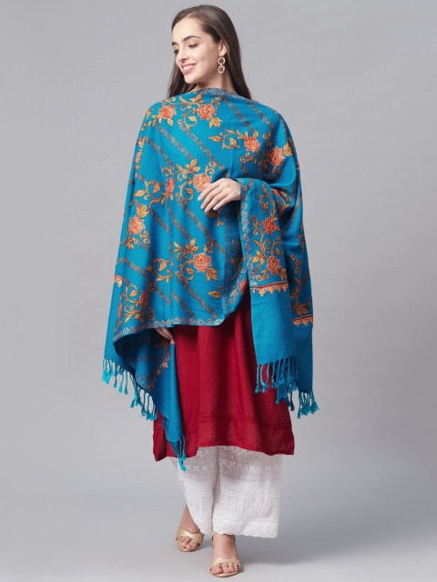 

Pashtush Women Blue & Coral Embroidered Designer Stole