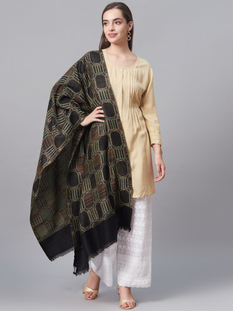 

Pashtush Women Black & Beige Pure Wool Woven Design Kaani Shawl