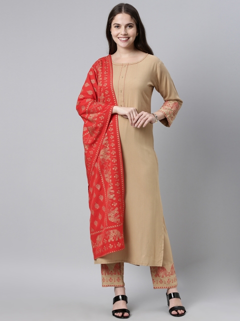 

GoSriKi Women Beige Kurta with Palazzos & With Dupatta
