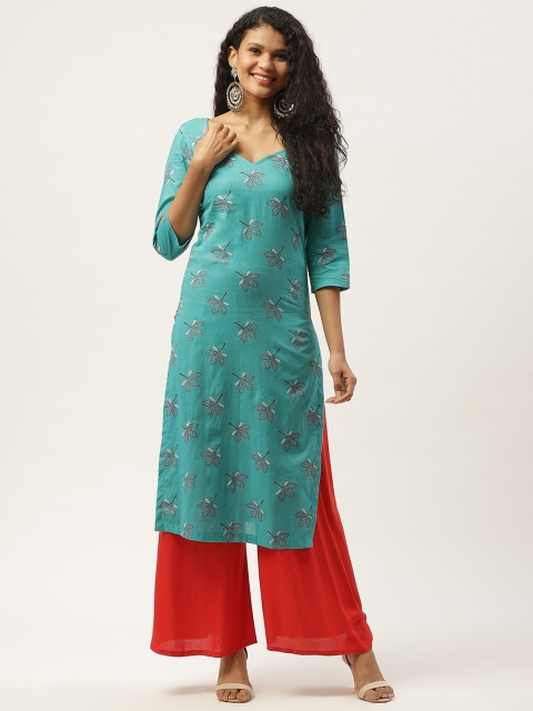 

Deewa Women Green & Brown Ethnic Floral Print Cotton Kurta