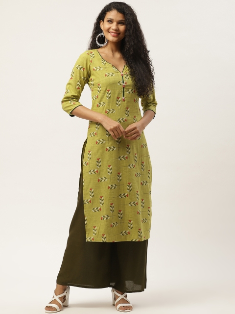 

Deewa Women Lime Green & White Floral Print Cotton Kurta