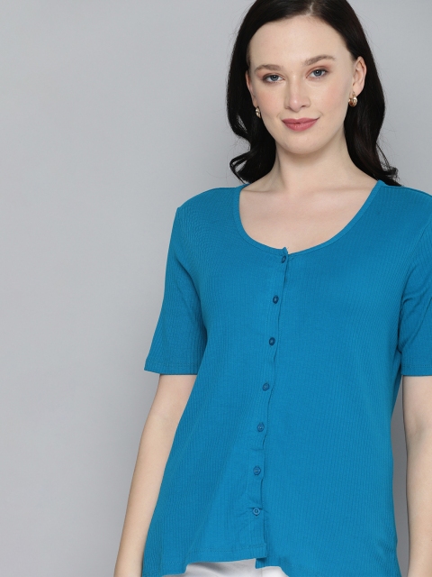 

HERE&NOW Women Blue Ribbed Regular Top