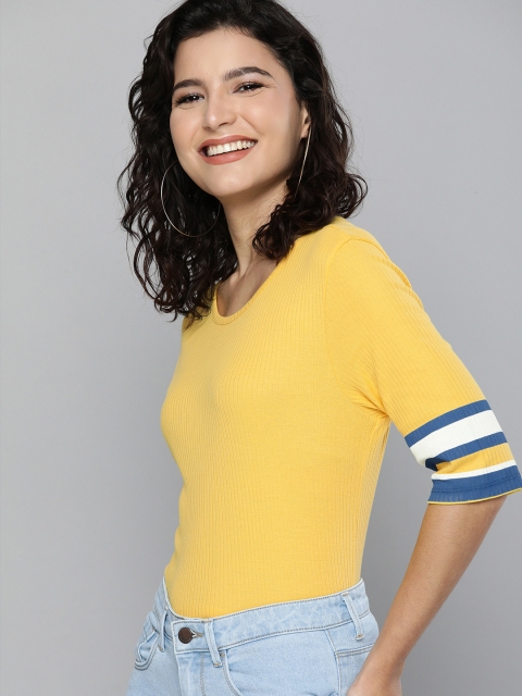 

HERENOW Women Yellow Ribbed Pure Cotton T-shirt