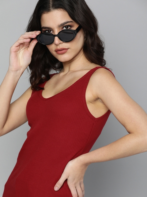 

HERE&NOW Women Red Solid Pure Cotton Tank Top