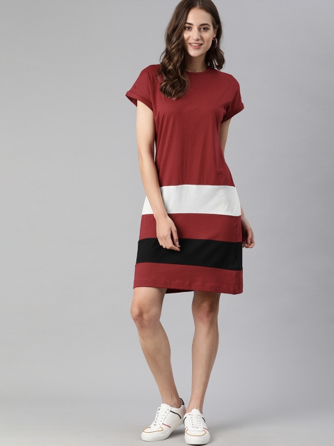 

HERE&NOW Maroon & White Striped T-shirt Dress