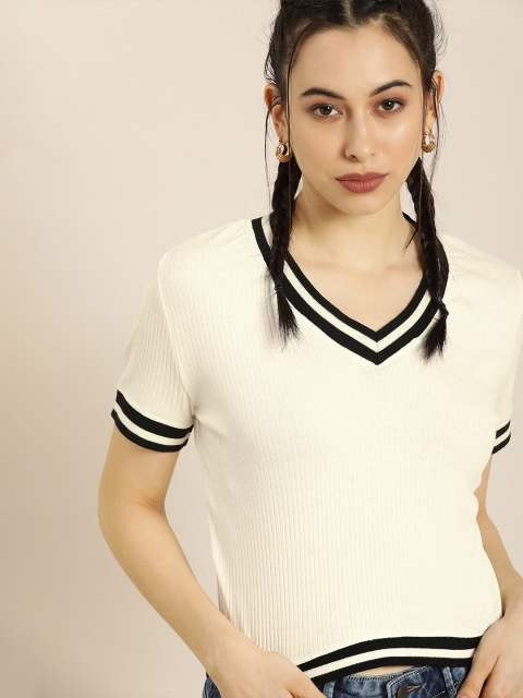 

Moda Rapido Women White Black Striped V-Neck Pure Cotton T-shirt