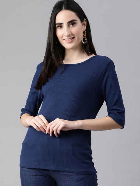 

HERE&NOW Women Navy Blue Solid Pure Cotton Regular Top