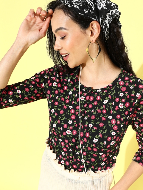 

HERE&NOW Black & Pink Floral Shirt Style Crop Top