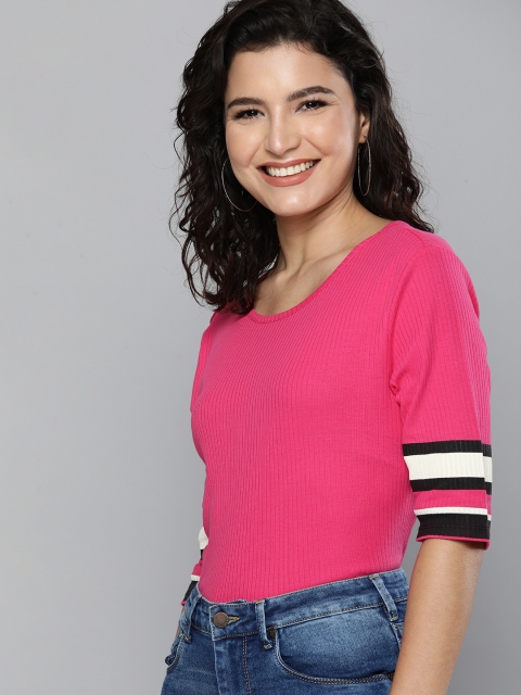 

HERENOW Women Pink Ribbed Pure Cotton T-shirt