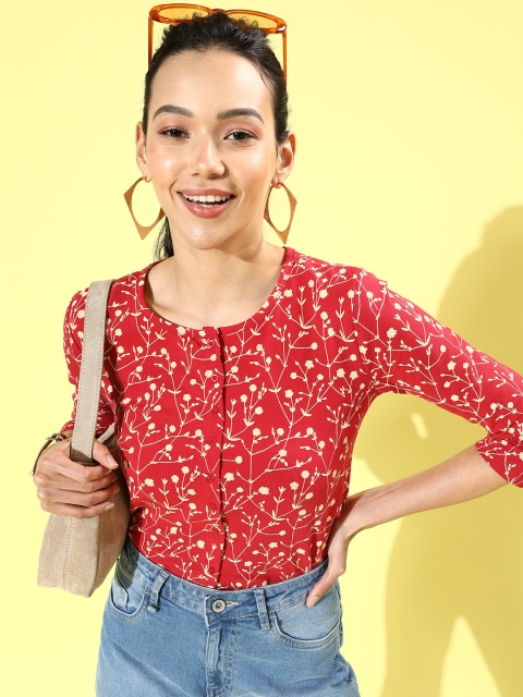 

HERE&NOW Red & Beige Floral Shirt Style Crop Top