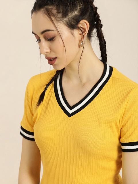 

Moda Rapido Women Yellow Black Striped V-Neck Pure Cotton T-shirt