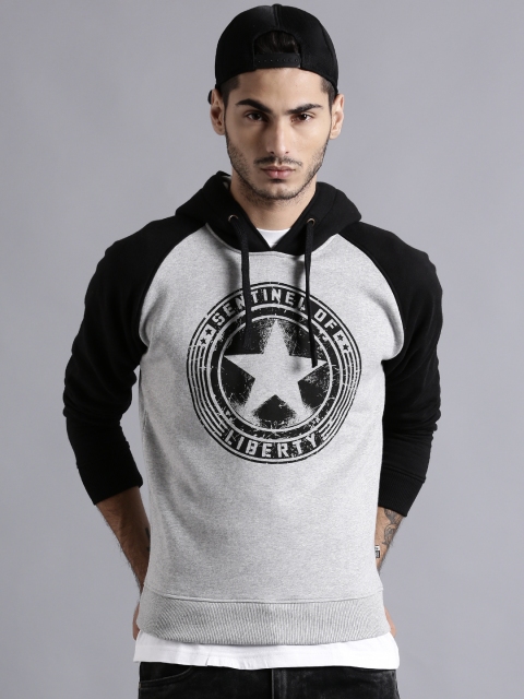 

Kook N Keech Marvel Grey Melange Printed Colourblocked Hooded Sweatshirt