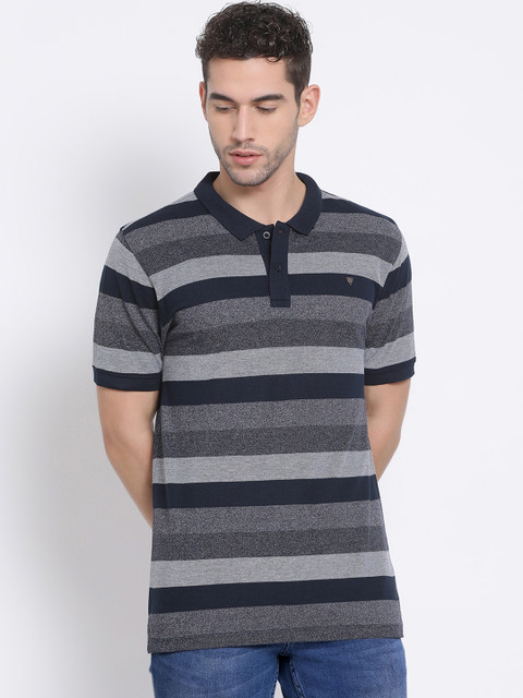 

Richlook Men Navy Blue Striped Polo Collar T-shirt