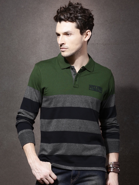 

Roadster Men Olive Green & Navy Striped Polo T-shirt