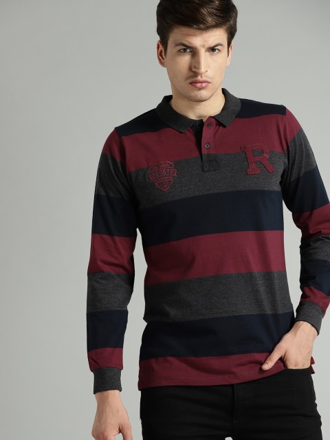 

Roadster Men Navy Blue & Maroon Striped Polo T-shirt