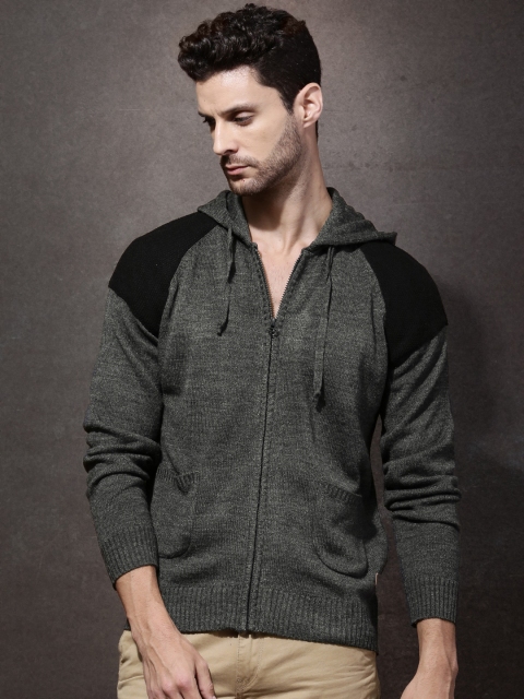 

Roadster Men Charcoal Grey Self-Design Hooded Sweater
