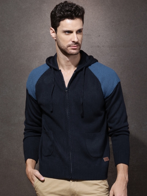 

Roadster Men Navy Self-Design Hooded Sweater, Navy blue