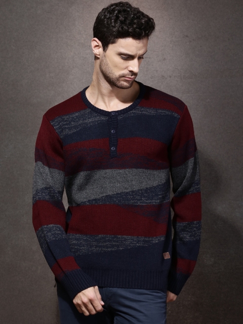 

Roadster Men Maroon & Navy Striped Sweater