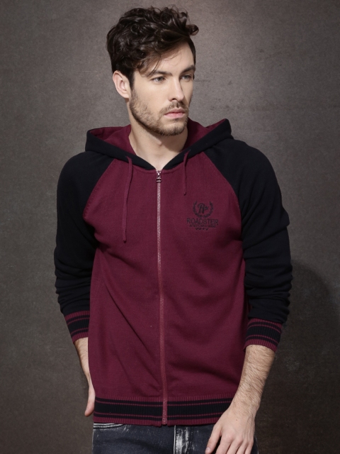

Roadster Maroon & Black Colourblocked Hooded Sweater
