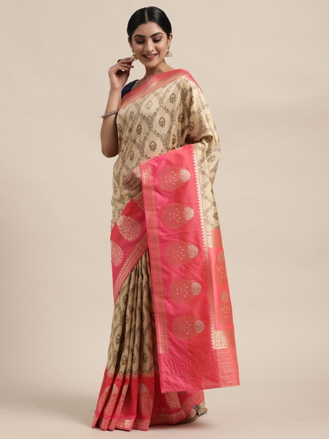 

Mitera Pink & Beige Pure Silk Woven Design Banarasi Saree