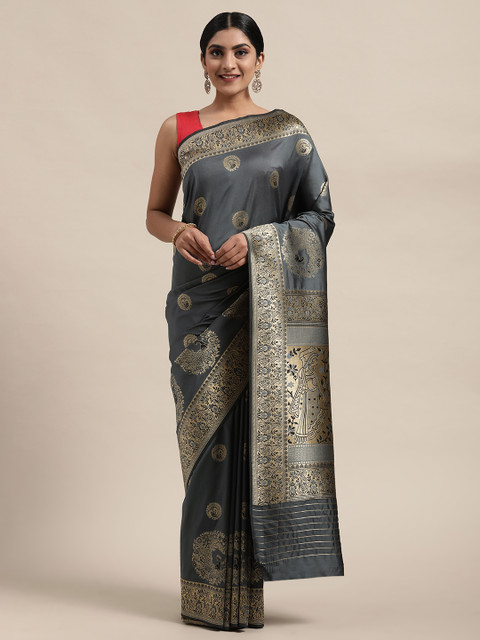 

Mitera Grey & Gold-Toned Pure Silk Woven Design Banarasi Saree