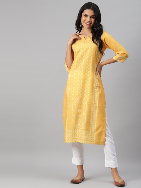

ZIYAA Women Yellow & White Printed Kurta with Trousers