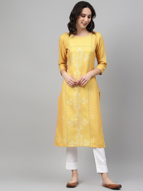 

ZIYAA Women Mustard & Off-White Printed Kurta with Trousers