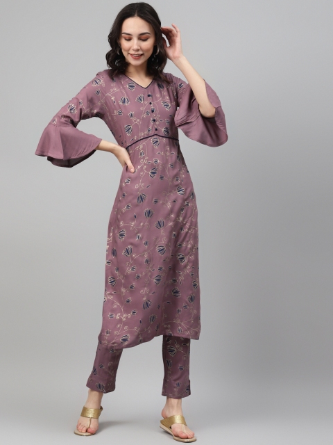 

ZIYAA Women Mauve & Navy Blue Printed Kurta with Trousers
