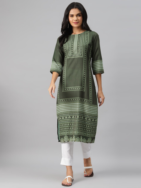 

ZIYAA Women Olive Green & White Printed Kurta with Trousers