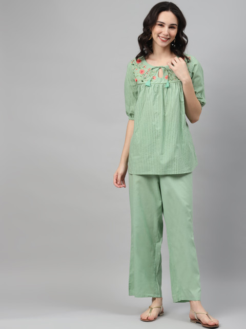 

ZIYAA Women Green Striped Pure Cotton Tunic with Palazzos