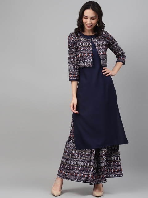

ZIYAA Women Navy Blue & White Solid Kurta with Palazzos