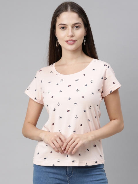 

Kryptic Women Pink Blue Printed Round Neck Pure Cotton T-shirt