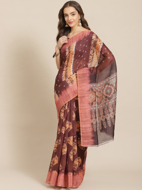 

Shangrila Creation Brown & Peach-Coloured Linen Blend Printed Ikat Handloom Saree