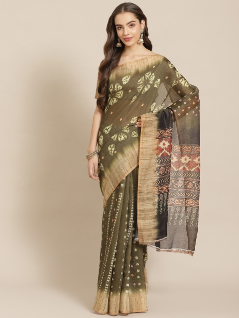 

Shangrila Creation Green & Cream-Coloured Linen Blend Printed Ikat Handloom Saree