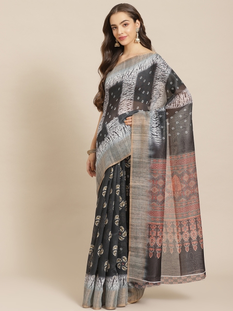 

Shangrila Creation Green & White Linen Blend Printed Ikat Handloom Saree