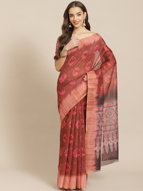 

Shangrila Creation Brown & Peach-Coloured Linen Blend Printed Ikat Handloom Saree