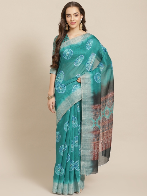 

Shangrila Creation Blue & White Linen Blend Printed Ikat Handloom Saree
