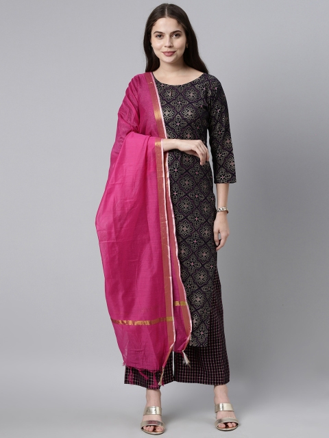 

GoSriKi Women Navy Blue & Gold-Toned Ethnic Motifs Kurta with Palazzos & With Dupatta