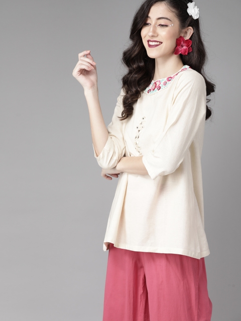 

Indo Era Classic Cream Solid Embroidered Cotton Tunic