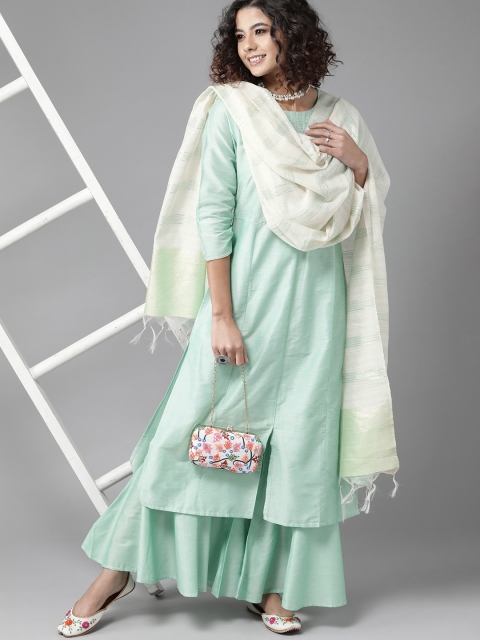 

Indo Era Classic Sea Green and Off White Striped Dupatta