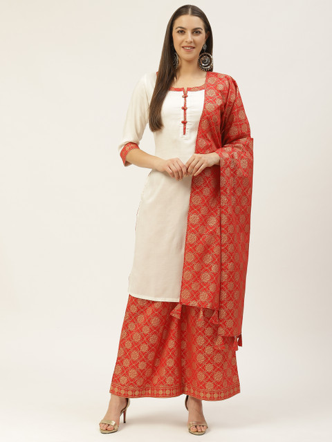 

Laabha Women White & Orange Solid Kurta with Palazzos & Dupatta