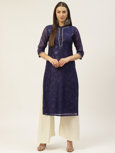 

Laabha Women Navy Blue & Golden Ethnic Motifs Printed Thread Work Kurta