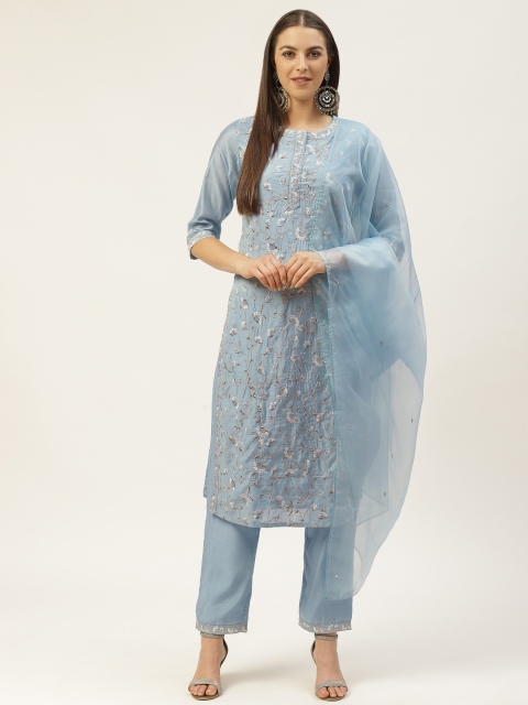 

Laabha Women Blue & White Embroidered Kurta with Trousers & Dupatta