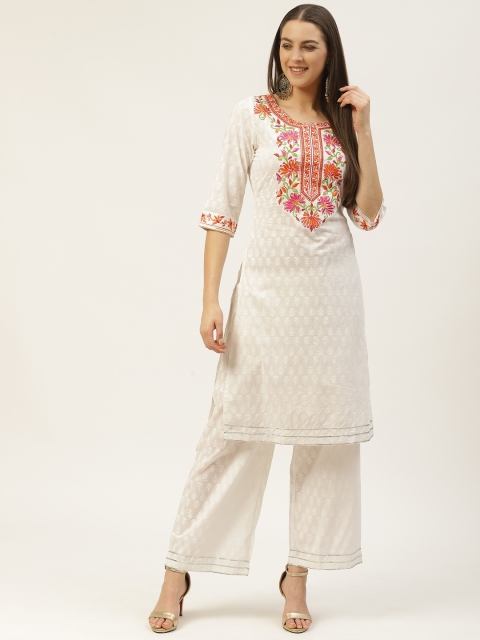 

Laabha Women White & Orange Printed Kurta with Palazzos